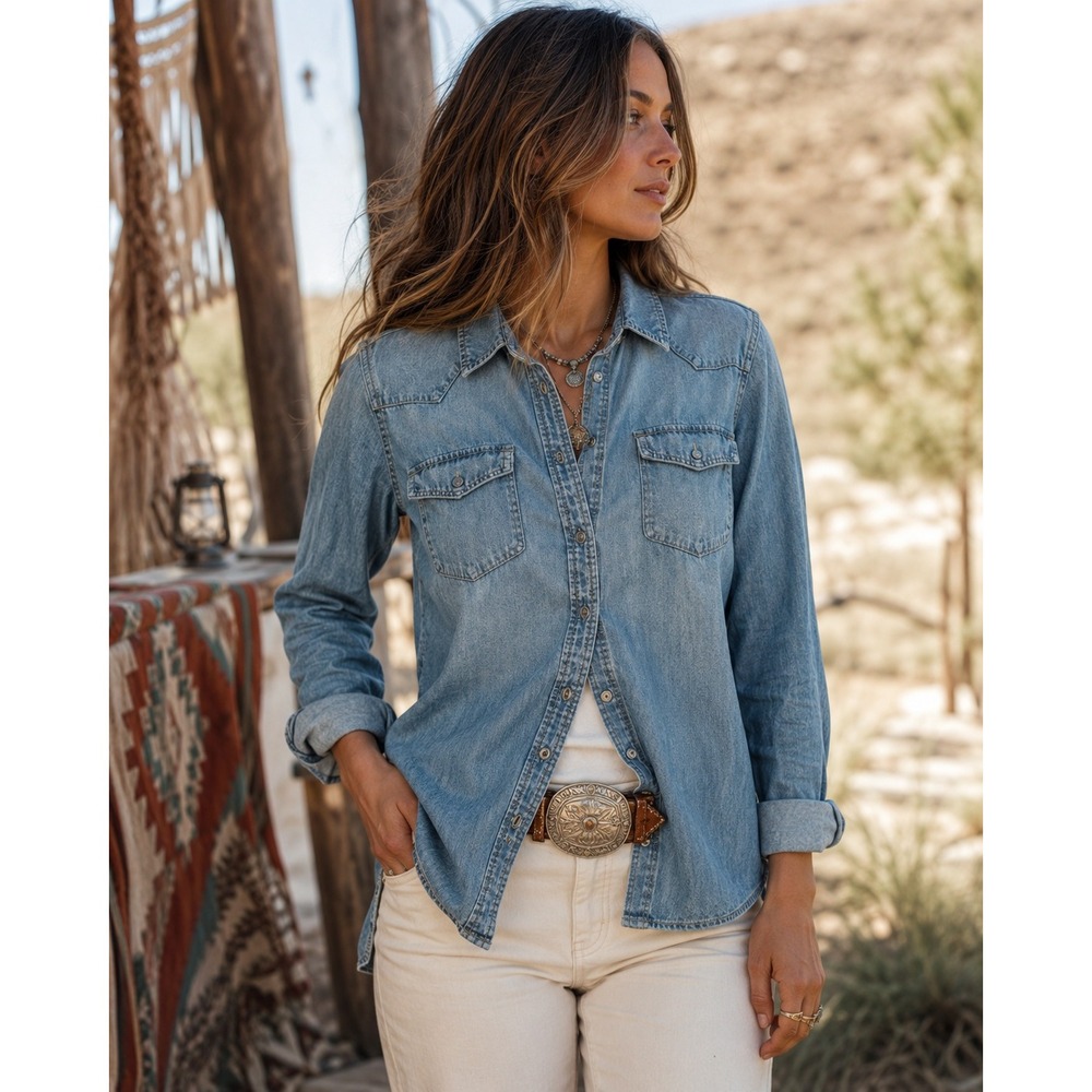 Gap 1969 Womens Western Denim Shirt Large Indigo Blue Long Sleeve Size L 109953